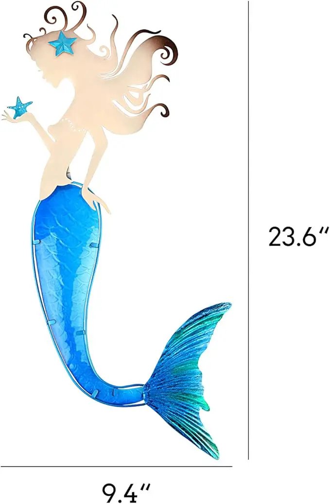 John's Studio Mermaid Wall Decor Outdoor Metal Fish Bathroom Hanging Art Glass Blue Ocean Theme Decorations for Home, Pool and Patio by GreenHaven Gardens