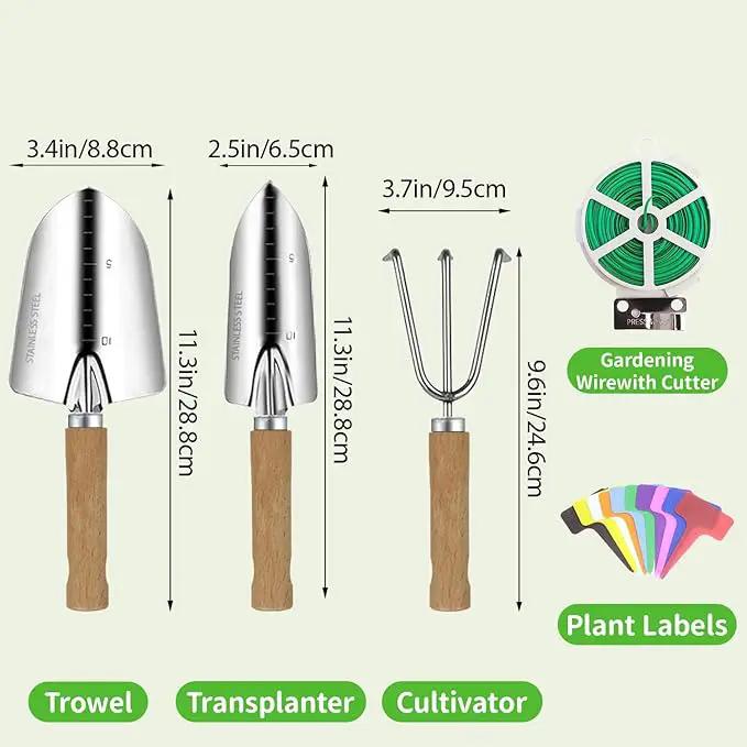 Garden Tool Set, 3 Pieces Gardening Kit with Garden Plant Twist Tie and Plastic Plant Tag, Stainless Steel Heavy Duty Garden Tools with Wooden Handle, Gardening Gifts for Women by GreenHaven Gardens