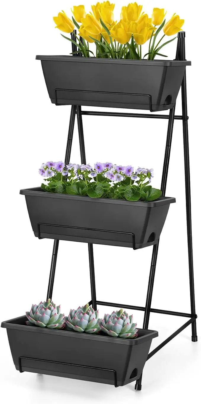 Vertical Garden Planter 3 Tier Raised Garden Bed Freestanding Elevated Raised Planter Boxes Outdoor Herb Planter Stand with Removable Tray on Patio Balcony Porch Grey by GreenHaven Gardens