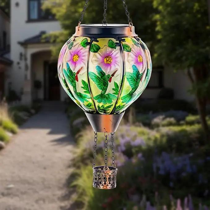 DREAMSOUL 2PCS Hummingbird Hot Air Balloon Solar Lantern, Hanging Glass Solar Lanterns Outdoor Waterproof for Garden Tree by GreenHaven Gardens