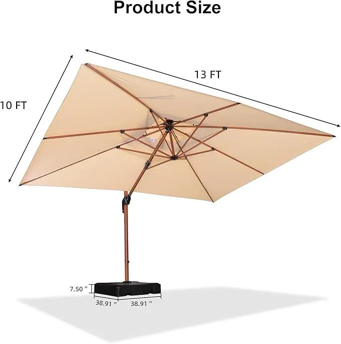 PURPLE LEAF 10' X 13' Double Top Deluxe Wood Pattern Rectangle Patio Umbrella with Base Offset Hanging Umbrella Outdoor Market Umbrella Garden Umbrella, Beige by GreenHaven Gardens
