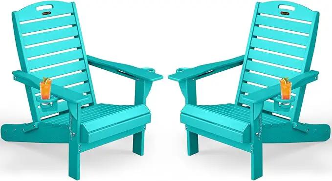 Adirondack Chairs Set of 2, Outdoor Fire Pit Chairs, HDPE All-Weather Adirondack Chairs with Cup Holder, Lawn Chair for Deck, Patio, Garden (Lakeblue) by GreenHaven Gardens