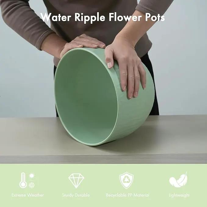 12 Inch Large Plant Pots for Indoor or Outdoor Plants, Wide Water Ripples Flower Pots with Drainage Holes & Saucer, Plastic Planters Set for Garden & Home Decor (Green) by GreenHaven Gardens