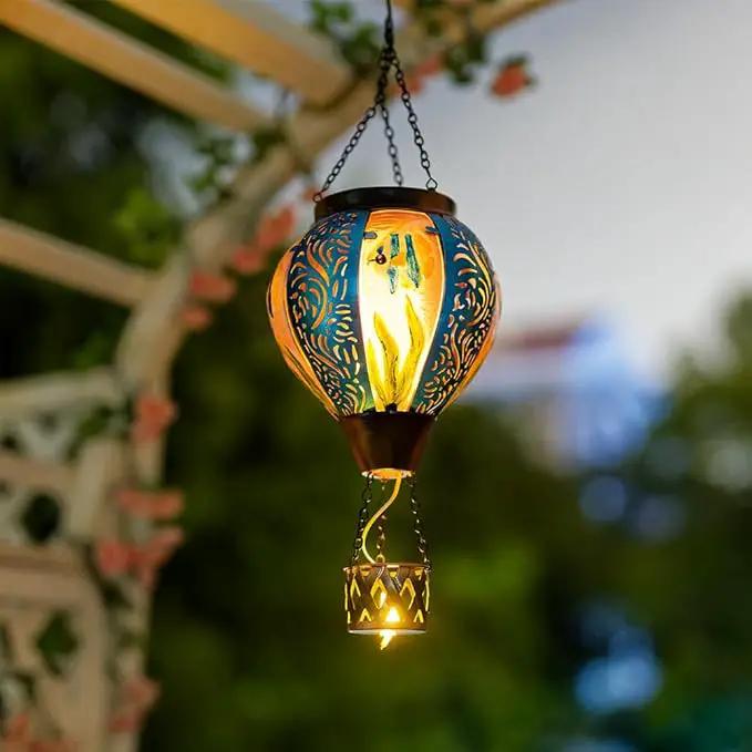 Blue Fish Hot Air Balloon Solar Lantern with Flickering Flame Hanging Solar Lanterns Outdoor Waterproof,LED Metal Hot Air Balloon Lights for Patio Yard Garden Decor,Mother Day Gifts for Women by GreenHaven Gardens