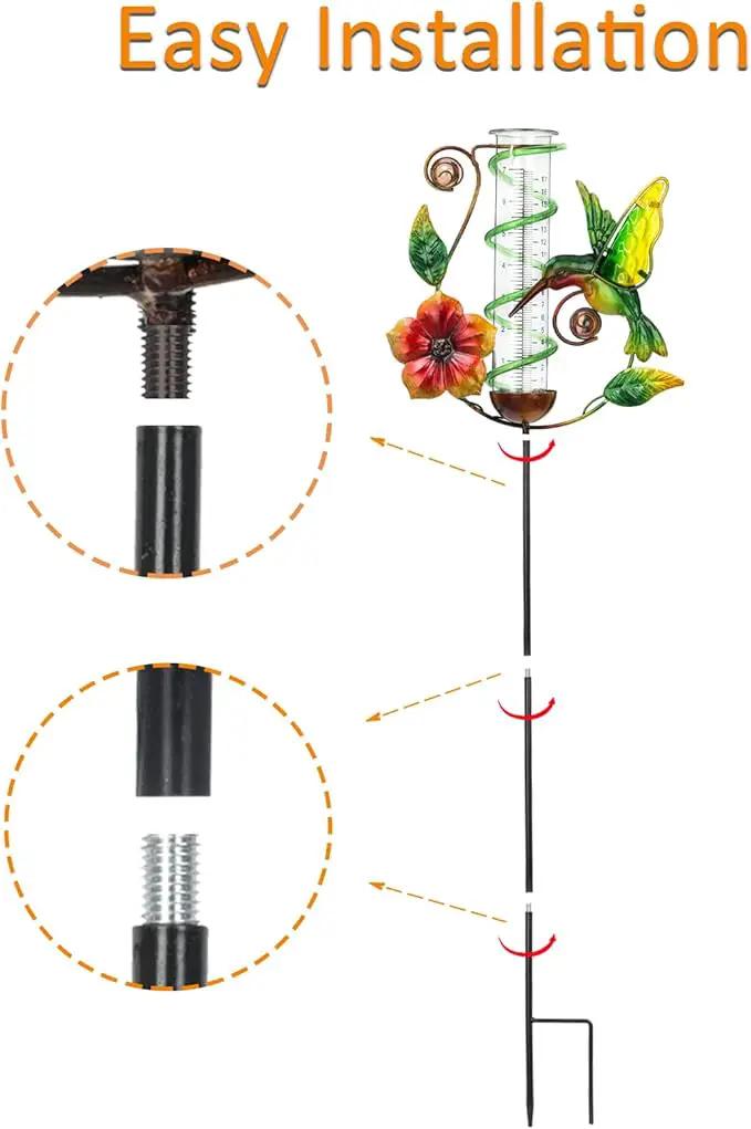 LEWIS&WAYNE 36.3” Hummingbird Rain Gauge Outdoor, 7” Glass Tube Solar Powered 10 Warm White LEDs Garden Metal Stakes Decorative Waterproof for Yard Garden Patio Lawn by GreenHaven Gardens