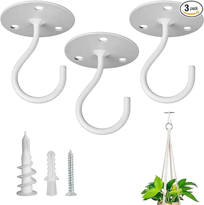 Ceiling Hooks for Hanging Plants - Metal Heavy Duty Wall Mounted Hangers for Hanging Bird Feeders, Planters, Wind Chimes, Include Professional Drywall Anchors (3-Pack (White) by GreenHaven Gardens