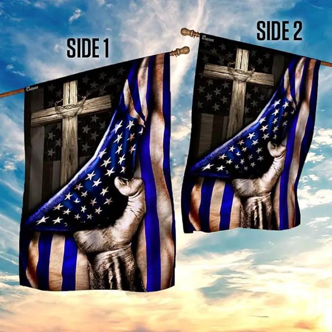 FLAGWIX The Thin Blue Line Christian Cross, America US Flag - 4th of July Decorations for Home, Garden, House Flag (29.5" x 39.5") - USA House Garden Flags Premium Polyester, Decorative Outdoor Flags by GreenHaven Gardens