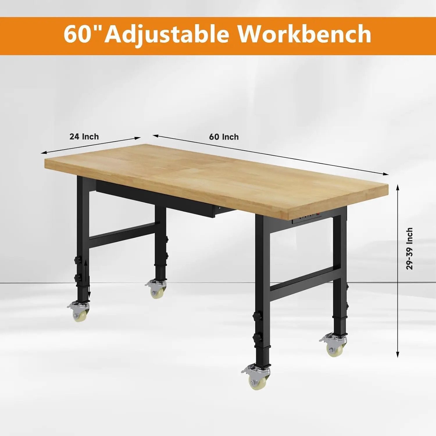 60" Work Bench with Wheels, Adjustable Height Workbench with Drawers, Heavy-Duty Work Table with Power Outlets, 2000 LBS Capacity Workstation for Garage, Workshop, Office, Home by GreenHaven Gardens