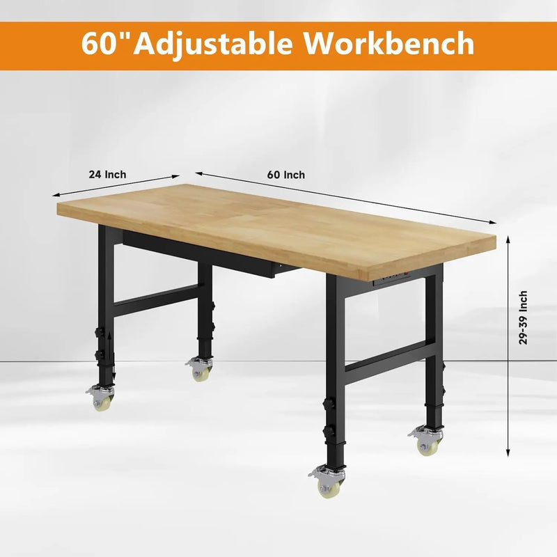 60" Work Bench with Wheels, Adjustable Height Workbench with Drawers, Heavy-Duty Work Table with Power Outlets, 2000 LBS Capacity Workstation for Garage, Workshop, Office, Home by GreenHaven Gardens