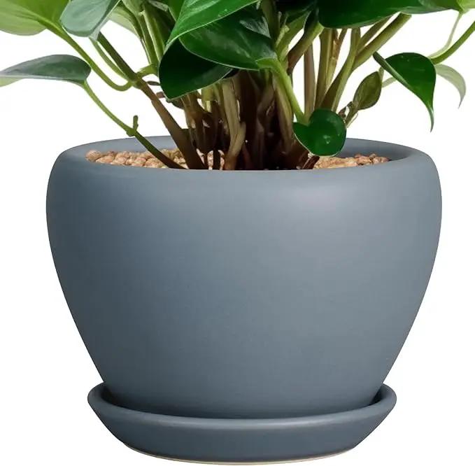 Ceramic Pot for Plants - 6 Inch Plant Pot Indoor with Drainage Hole and Saucer Decorative Planter for Outdoor Plants Modern Succulent Pot Round Flower Pot Gray by GreenHaven Gardens