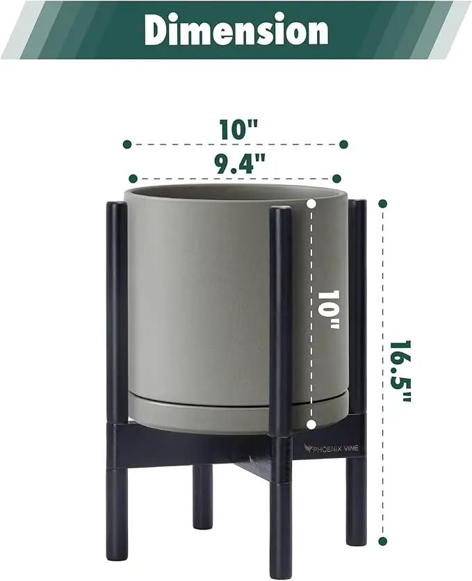 D'vine Dev Ceramic Planter with Ebony Stand - 10 Inch Modern Round Flower Pot with Wood Planter Holder, Grey, 55-B-L-3 by GreenHaven Gardens