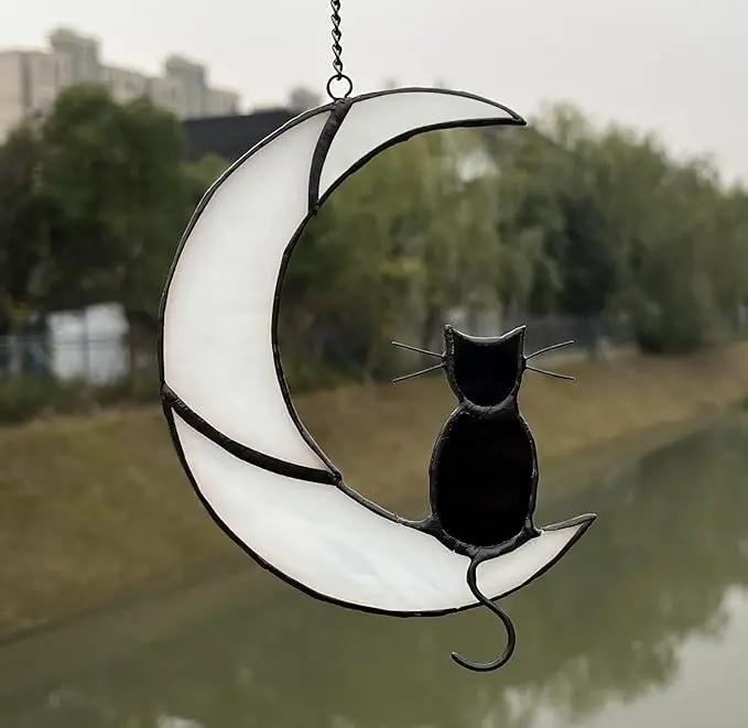 Black Cat Decor On White Moon Stained Glass Window Hanging Suncatcher for Windows Panels Sun Catcher Halloween Ornament Decoration Memorial Gift Cat for Lover Cat Loss by GreenHaven Gardens