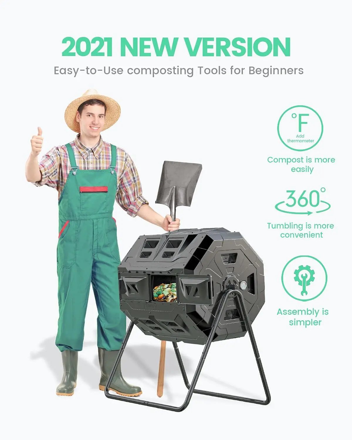 2021 Upgraded Tumbling Composter with Compost Thermometer - Dual Chamber Garden Compost Bin(43 Gal, Black) by GreenHaven Gardens