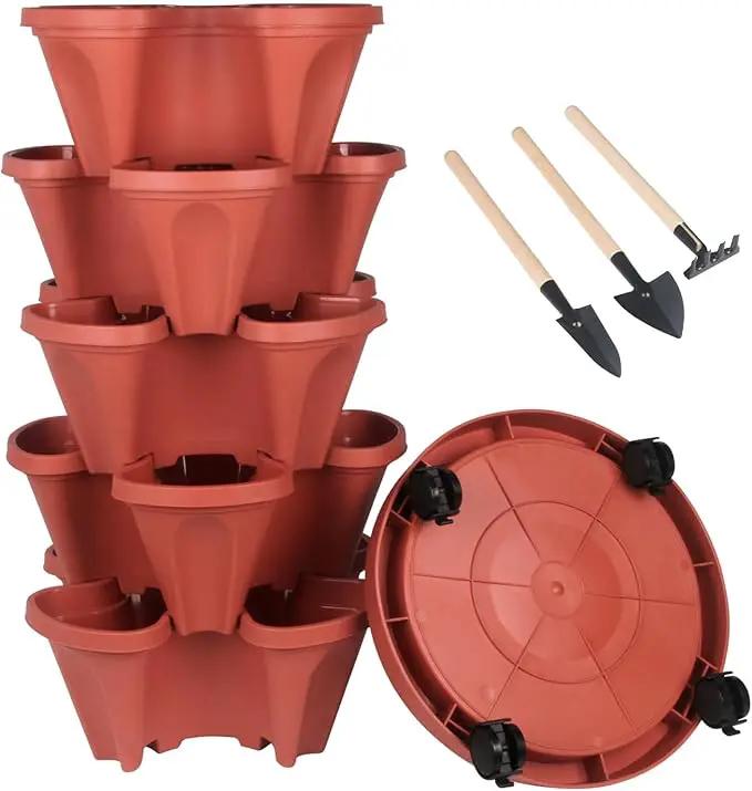 DUNCHATY Stackable Planters 5 Tier Vertical Garden Planting Tower Planters Strawberry, Herb, Flower, and Vegetable Planter Indoor Outdoor Gardening Pots with Removable Wheels and Tools by GreenHaven Gardens
