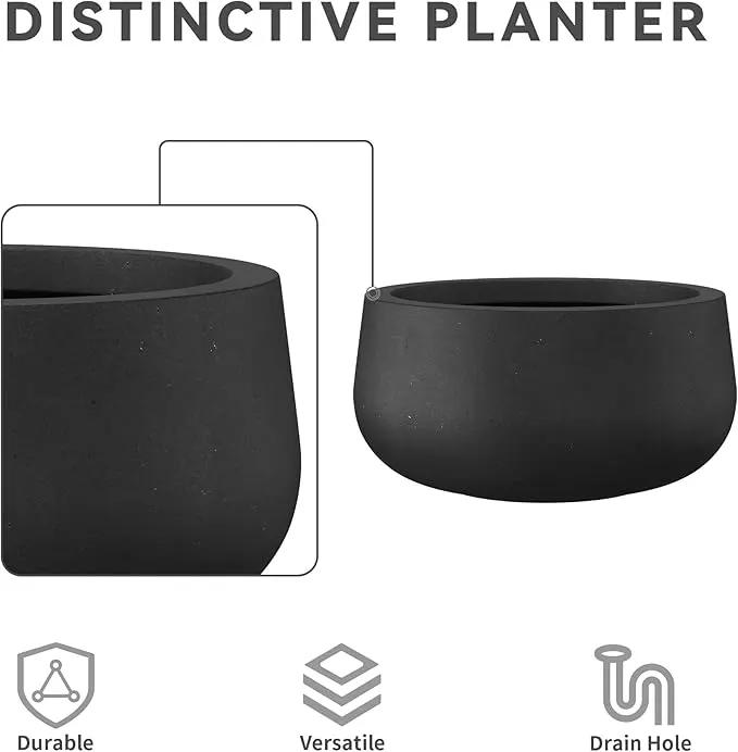 Kante 19.6" Dia Round Concrete Planter, Cement Plant Pots with Drainage Hole and Rubber Plug for Outdoor Indoor Garden Home, Modern Curvaceous Design, Black by GreenHaven Gardens