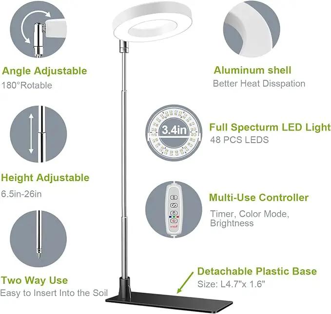 Grow Lights for Indoor Plants, Full Spectrum Halo Growing lamp with Detachable Base, Height Adjustable, 3 Colors, 10 Dimming, Automatic Timer, Plant Light for Succulents Small Plants by GreenHaven Gardens