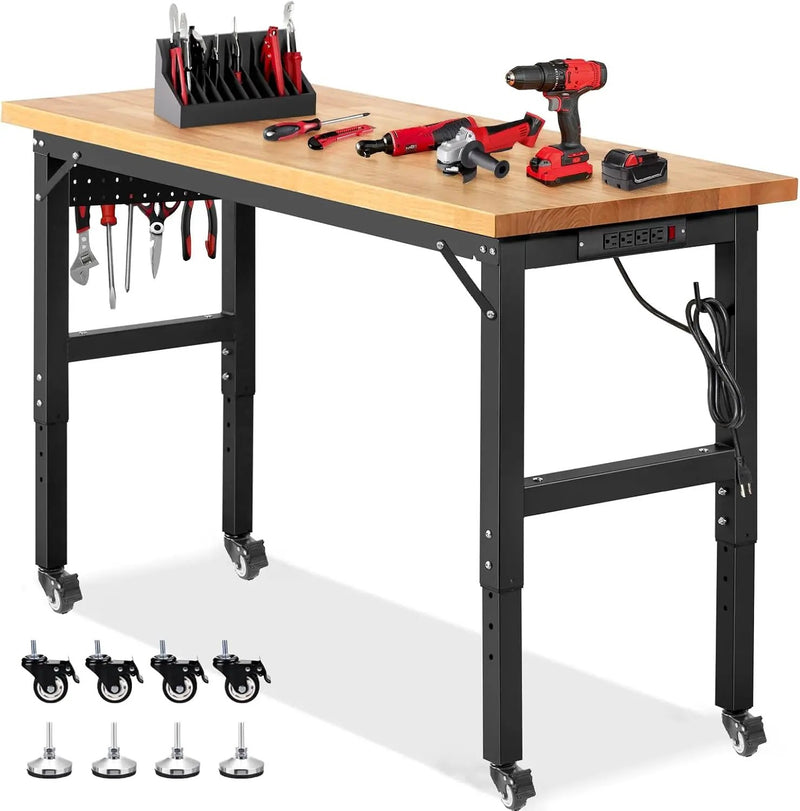 Workbench for Garage Adjustable Height 60 x 22 Inch Work Table with Wheels Heavy Duty Rubberwood Tabletop Workbench with Pegboard, Power Outlets for Woodworking Shop, Home, Office by GreenHaven Gardens
