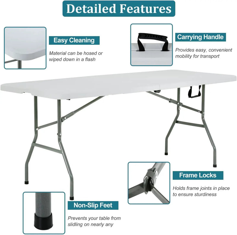 6FT Folding Table, Heavy Duty Plastic Table Portable Fold-in-Half Utility Table Indoor Outdoor Picnic Table w/Handle & Lock for Camping BBQ Party Wedding Market Events, 500LBS by GreenHaven Gardens