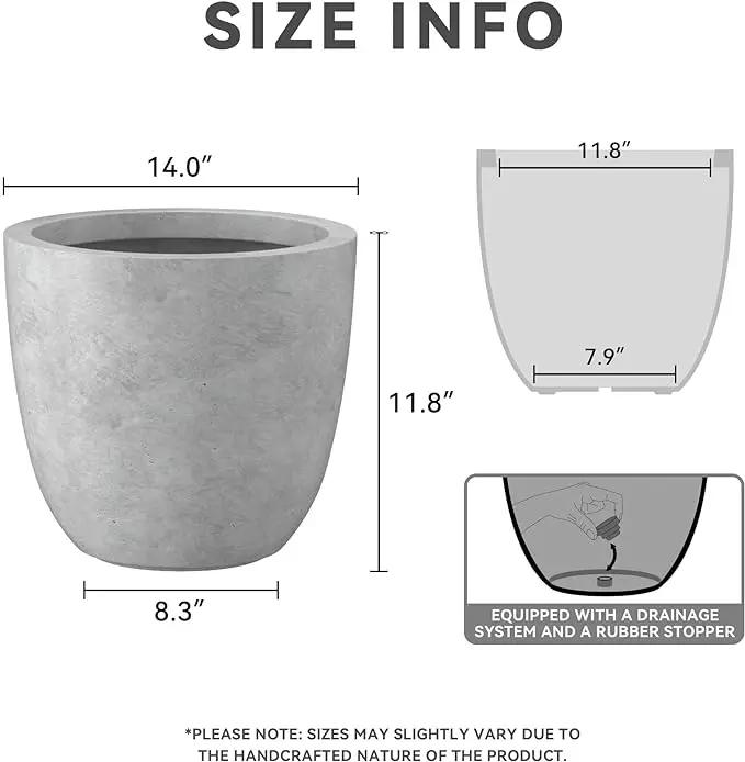 Kante 14 Inch Dia Round Concrete Planter, Indoor Outdoor Large Plant Pot with Drainage Hole and Rubber Plug for Home Patio Garden, Gray Concrete by GreenHaven Gardens