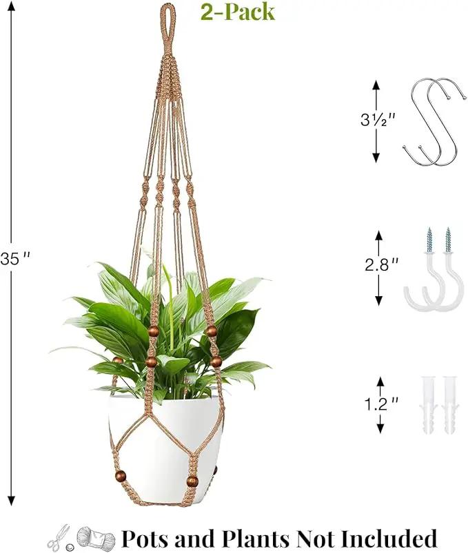 Jute Macrame Plant Hanger Indoor Set of 2 Hanging Planter Basket Flower Pot Holder with Decorative Wood Beads & No Tassels for Indoor Outdoor Boho Home Decor, 35 Inch Brown (Pots Not Included) by GreenHaven Gardens
