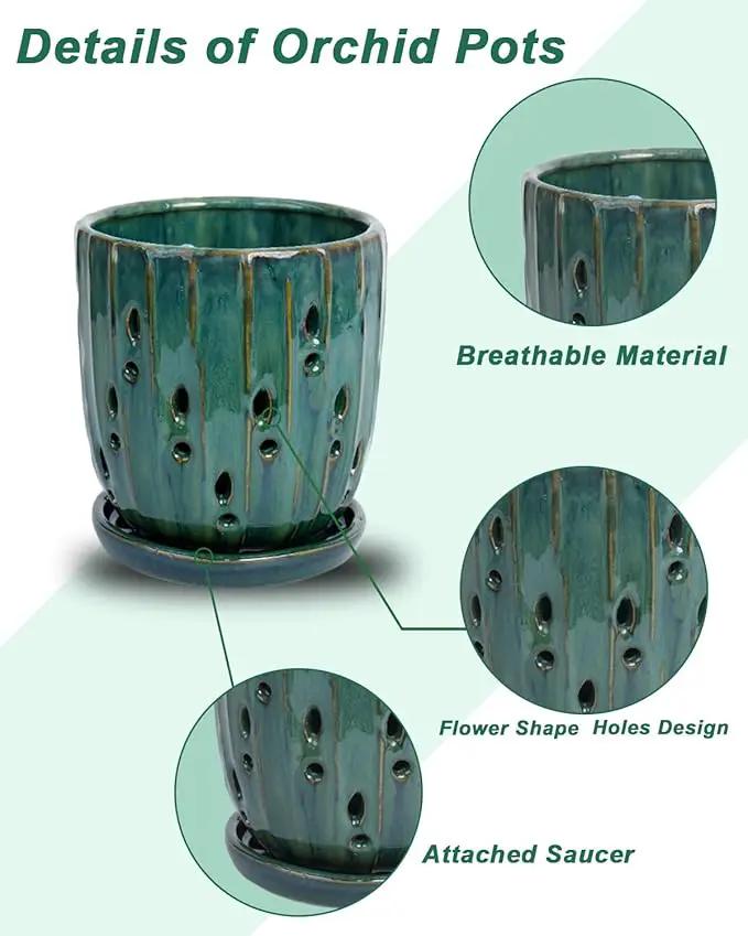 vensovo 6 Inch Ceramic Orchid Pot - Orchid Pot with Holes for Repotting, Ceramic Planter with Saucer for Indoor/Outdoor Plants, Green by GreenHaven Gardens