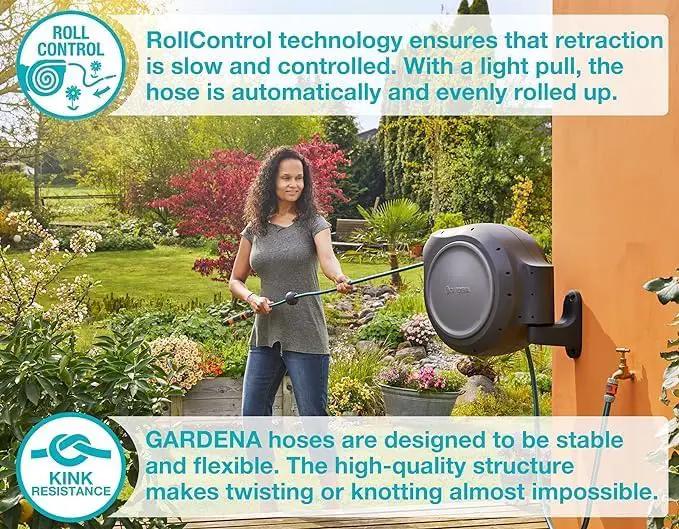 GARDENA 20502, Retractable Garden Hose Reel 75' x 1/2" hose, Wall Mounted, Automatic Retraction & Length Lock for Easy Watering. Heavy Duty Swivel Bracket 180°, Includes Nozzle. Made in Europe by GreenHaven Gardens