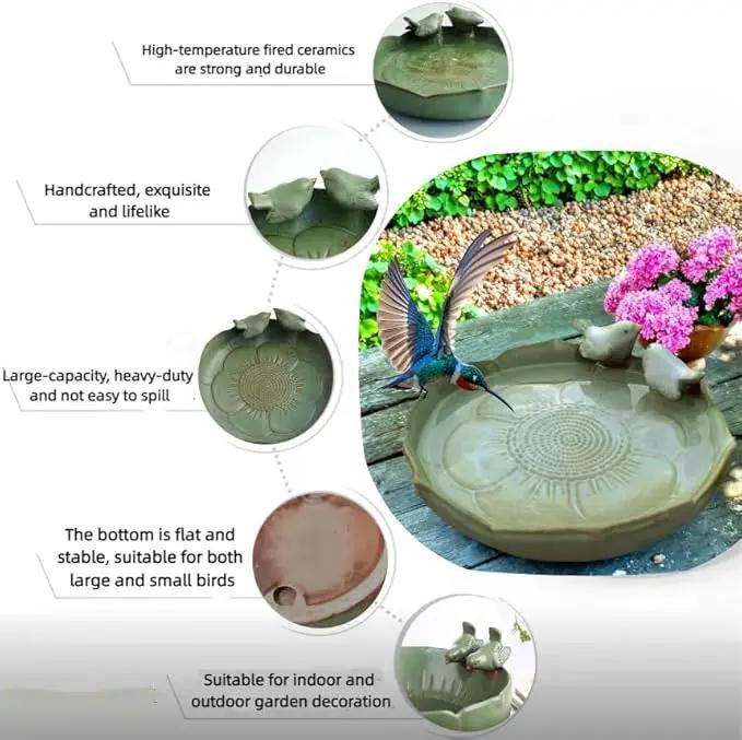 Bird Bath for Outside on Ground, 10 in Ceramic Birds Bath Bowl, Handmade Ground Bird Feeders and birdbath for Outdoors for Outdoors, Garden, Tabletop, Balcony and Lawn (Big - shallow) by GreenHaven Gardens