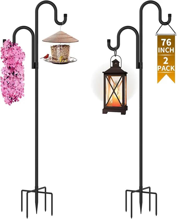 Double Shepherds Hooks for Outdoor, Bird Feeder Pole with 5 Prongs Base, Heavy Duty Garden Hook for Lantern, Wind Chime and Hummingbird Feeder, 76 Inch, 2 Pack by GreenHaven Gardens