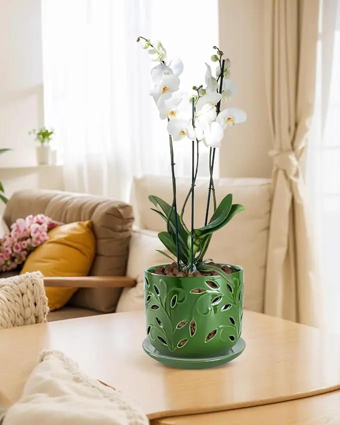 EFISPSS Orchid Pot with Holes, 5+6Inch Ceramic Plant Pots with Drainage Holes and Tray, Promoting Air Circulation and Drainage, Indoor/Outdoor Flower Pots-Green by GreenHaven Gardens