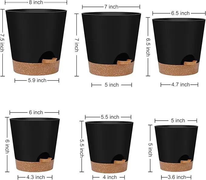 Indoor Self Watering Planters with Drainage Holes and Saucers, 8, 7, 6.5, 6, 5.5, 5 Inches, Black, 6 Pots by GreenHaven Gardens