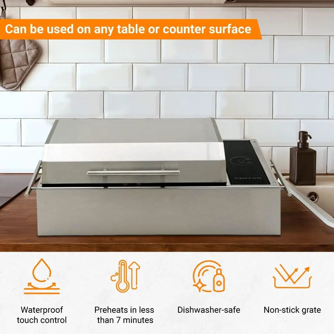 Kenyon Frontier Portable Electric Grill, Waterproof Digital Touch Control, UL-Approved For Indoor And Outdoor Use, Stainless Steel, Rust-Proof Grill, Quick Heat Up, Dishwasher Safe, 120V by GreenHaven Gardens