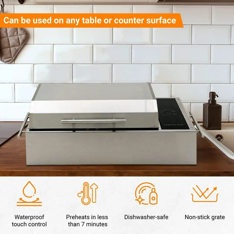 Kenyon Frontier Portable Electric Grill, Waterproof Digital Touch Control, UL-Approved For Indoor And Outdoor Use, Stainless Steel, Rust-Proof Grill, Quick Heat Up, Dishwasher Safe, 120V by GreenHaven Gardens