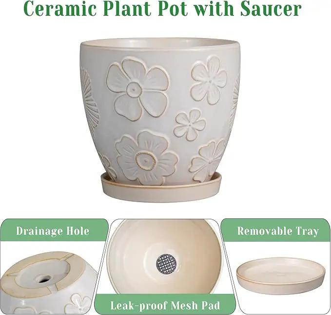 6 Inch Plant Pot with Drainage Hole and Saucer Ceramic Planter for Indoor Plant Flower Pot for Orchid Succulents Plants White by GreenHaven Gardens