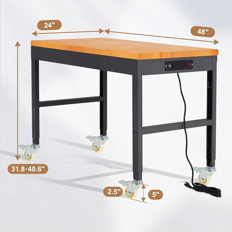 HABUTWAY Height Adjustable Workbench with Wheels 48" x 24" 2000 Lbs Capacity Solid Wood Work Station Heavy-Duty Rolling Work Tables for Garage Party Shop Office by GreenHaven Gardens
