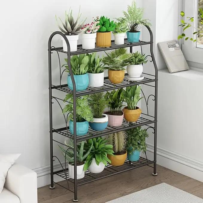 4 Tier Metal Plant Stand with wheels rack, Heavy Duty Metal Plant Shelf for Indoor/Outdoor Living Room, Balcony, Garden, Black by GreenHaven Gardens