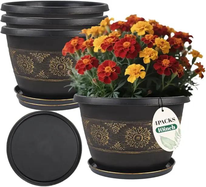 4 Pack 10 inch Plant Pots, Retro Pattern Planters with Drainage Holes and Saucer, Sturdy Plastic Garden Flower Pots for Indoor & Outdoor Plants by GreenHaven Gardens