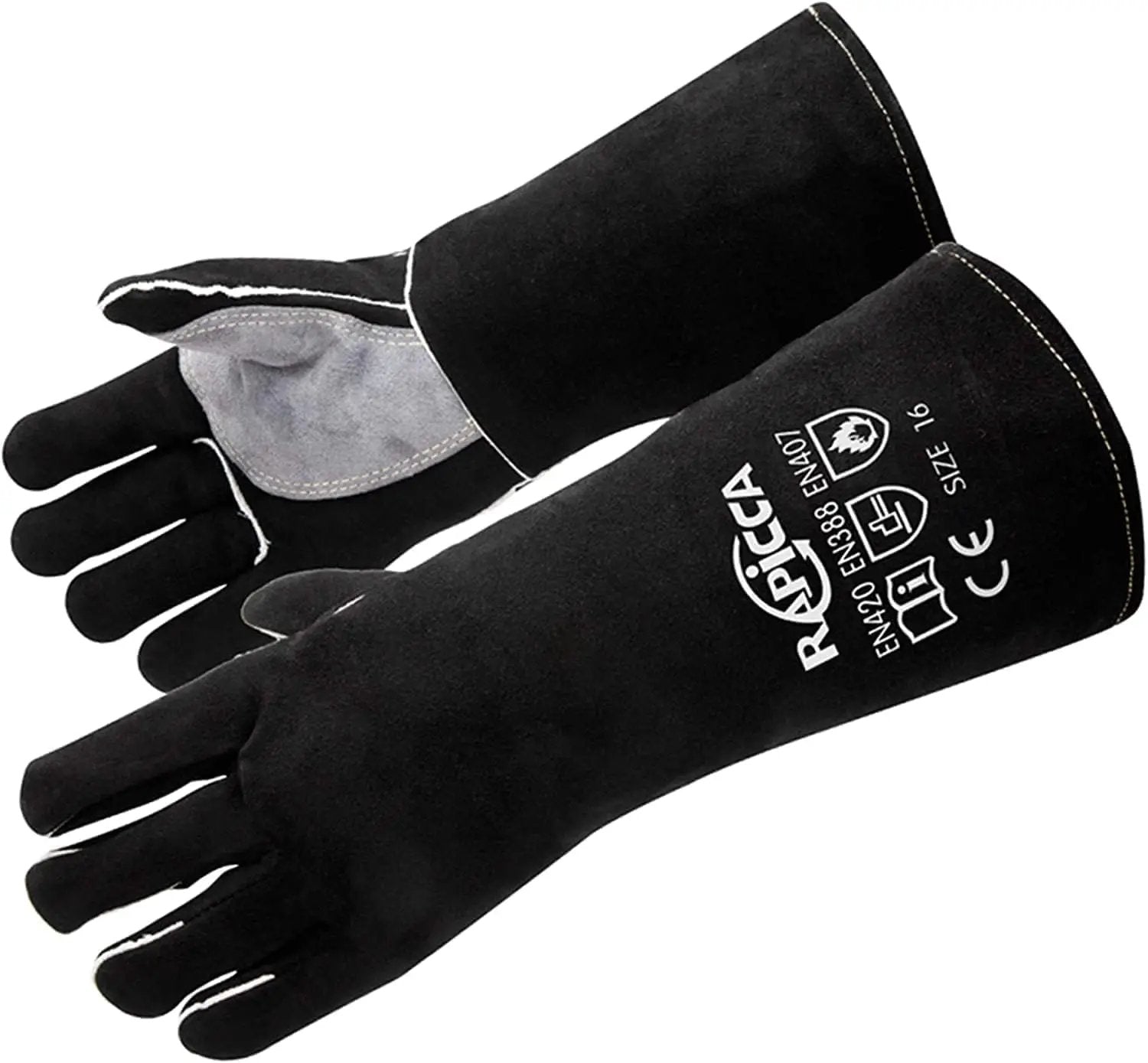 RAPICCA Fireplace Gloves Fire Heat Resistant: Black 14IN - Fireproof Leather for Fireplace Fire Pit Wood Stove Campfire Furnace BBQ Grill Oven Stick Mig Welding Welder Gear - Birthday Gift for men by GreenHaven Gardens