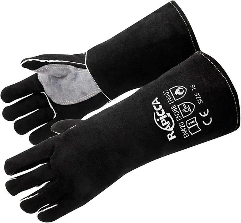 RAPICCA Fireplace Gloves Fire Heat Resistant: Black 14IN - Fireproof Leather for Fireplace Fire Pit Wood Stove Campfire Furnace BBQ Grill Oven Stick Mig Welding Welder Gear - Birthday Gift for men by GreenHaven Gardens