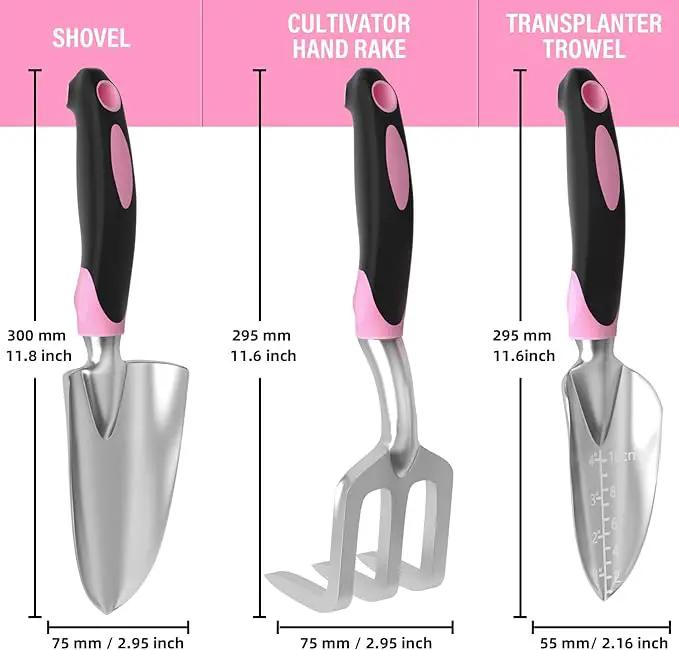 Garden Tool Set SOYUS Heavy Duty 3 Piece Gardening Hand Tools Aluminum Garden Shovel for Planting Hand Trowel Cultivator Rake with Ergonomic Non-Slip Rubber Grip Pink Gardening Gifts for Women by GreenHaven Gardens