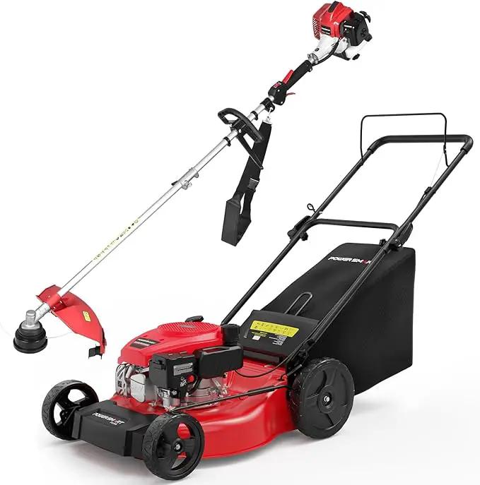 PowerSmart 21-Inch 144cc Gas Push Lawn Mower & 16-Inch 25.4cc String Trimmer/Edger with 10-Inch Brush Cutter for Grass Cutting by GreenHaven Gardens