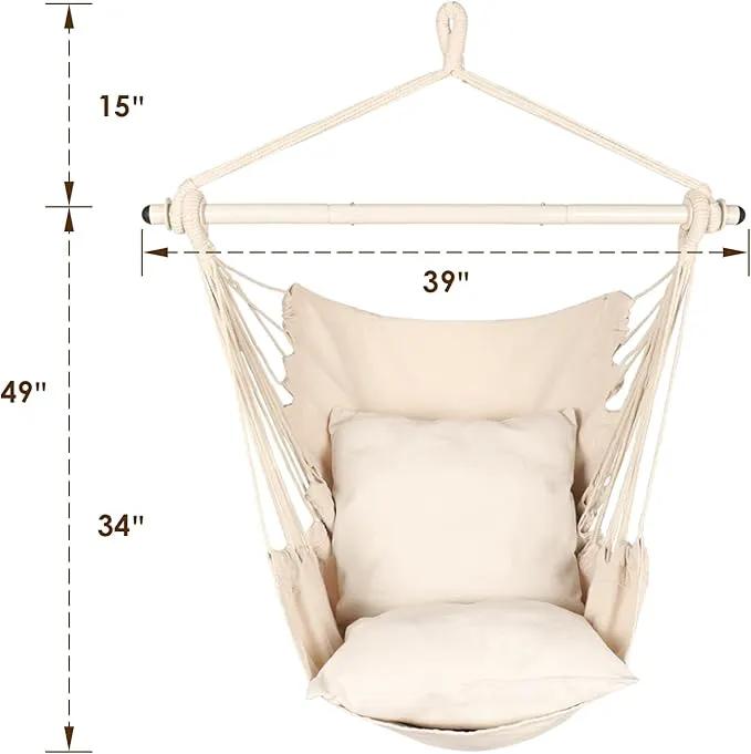Highwild Hammock Chair Hanging Rope Swing - Max 500 Lbs - 2 Cushions Included - Steel Spreader Bar with Anti-Slip Rings - for Any Indoor or Outdoor Spaces (Beige) by GreenHaven Gardens