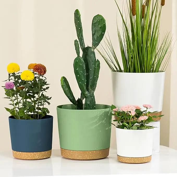 ZMTECH Plant Pots, Set of 3 8'' Self Watering Plastic Planter with Drainage Hole and Saucer, Modern Decorative Flower Pot for Indoor Outdoor House Plants, Succulents, Flowers - Dark Gray/White/Green by GreenHaven Gardens