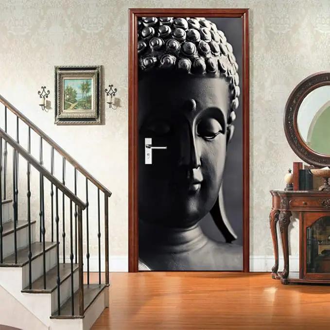 3D Door Stickers Murals - Buddha Statue - Peel and Stick - Waterproof & Washable - Black - Traditional Style - Rectangular - 34.6" x 78.7" - 2 Pieces by GreenHaven Gardens