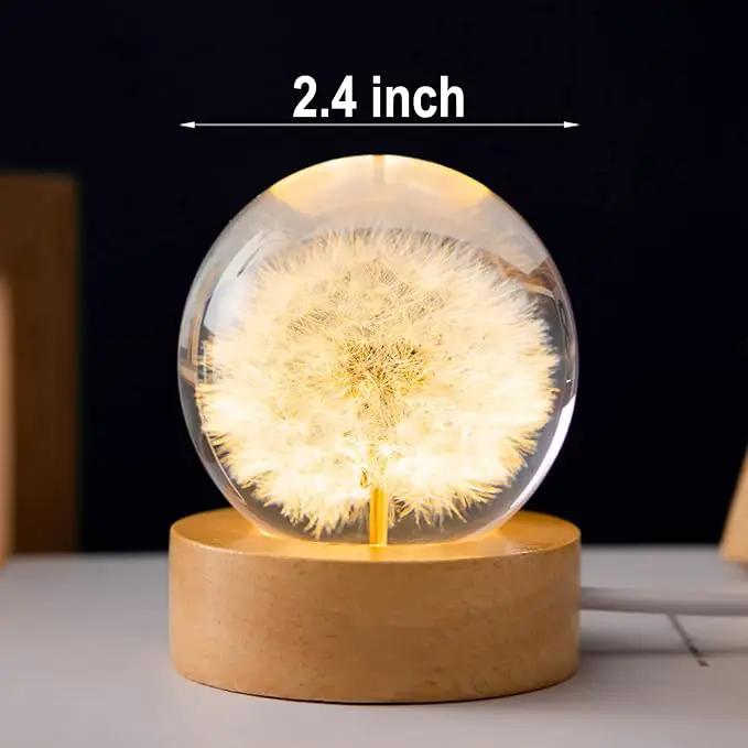 Flower Crystal Ball Night Light, 2.4 inch Glass Ball Night Lamp with Woodern Base (Yellow Daisy) by GreenHaven Gardens