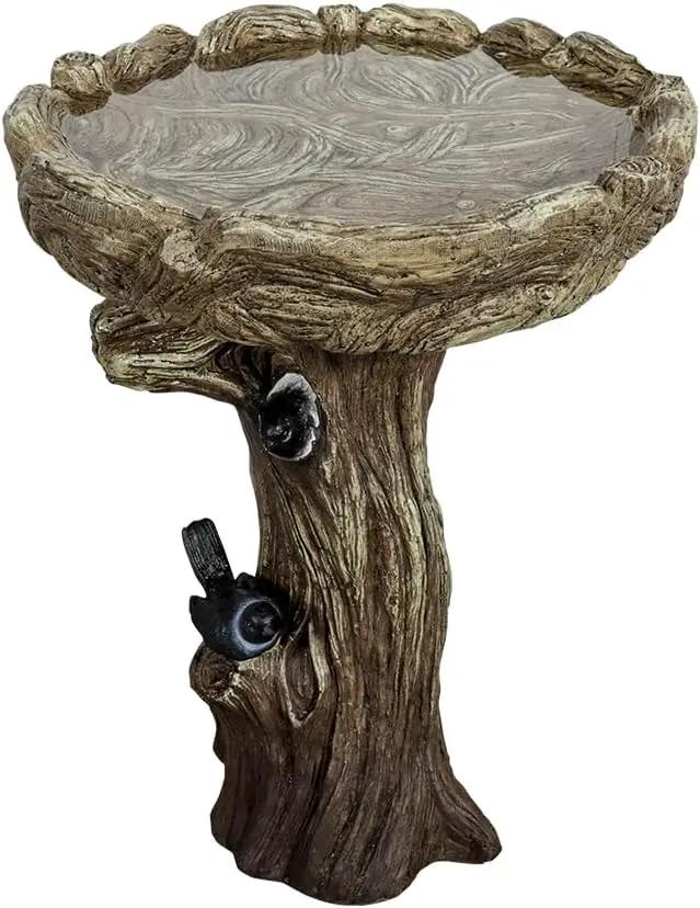 SunJet 23 Inch High Wood-Look Concrete Bird Bath with Decorative Faux Bird – Birdbath Rustic & Long-Lasting Design, Enhances Garden, Patio, Yard, Lawn Decor by GreenHaven Gardens