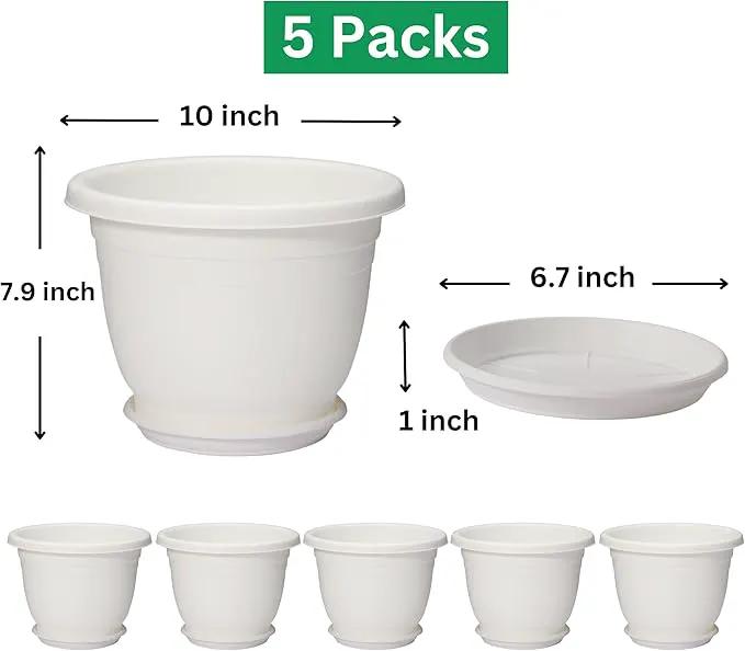 5 Packs 10 inch Plant Pots + Saucer, Planters for Indoor & Outdoor Plants with Drainage Holes | Plastic Flower Pots, Large Planter (White, 10 inch) by GreenHaven Gardens