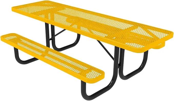Coated Outdoor Furniture Heavy-Duty Portable ADA-Compliant Outdoor Picnic Table, Expanded Metal Patio Dining Furniture Made in America (8ft Rectangular, Both-Side Handicap, Yellow) by GreenHaven Gardens