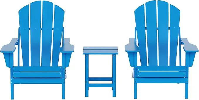 WO Home Furniture Adirondack Chairs Table Set of 3 PCS Outdoor Folding Chairs Side End Table Weather/UV Resistant for Lawn, Garden, Bon Fire, Balcony (Pacific Blue) by GreenHaven Gardens