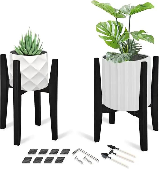 OERGKE 2 Pack Plant Stand Indoor, Adjustable Bamboo Mid Century Modern Plants Stands, Corner Flower Holder for Living Room, Fits 8 to 12 Inches Pots, (Pot & Plant Not Included)(Black) by GreenHaven Gardens
