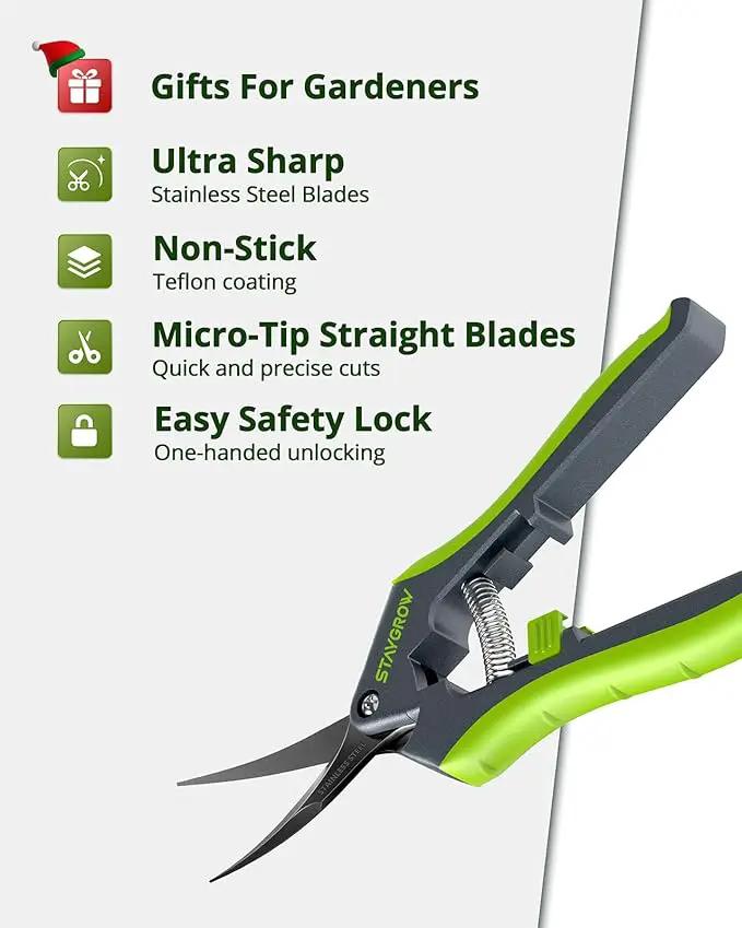 Pruning Shears for Gardening 2 Pack, 8.5" Bypass Garden Clippers and 6.5" Curved Gardening Shears, Pruners with Super Sharp Stainless Steel Blades, Safety Lock, Gardening Gifts for Men Women by GreenHaven Gardens